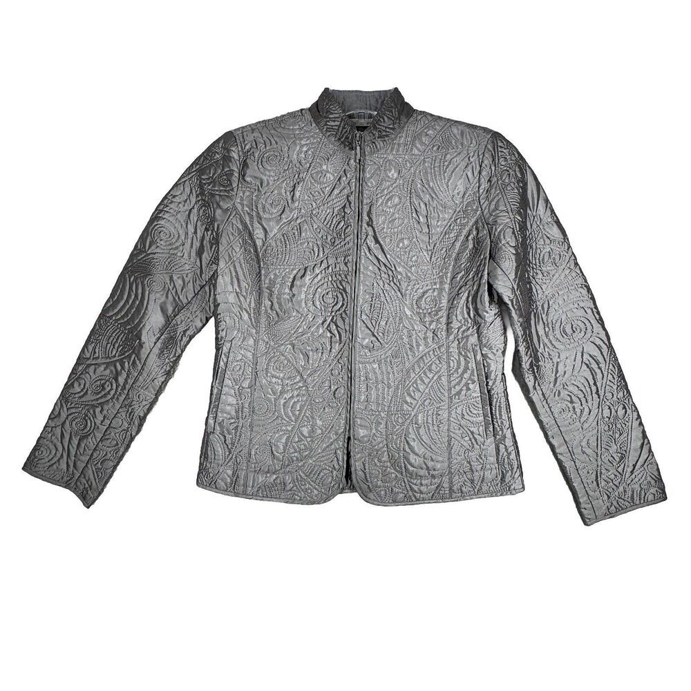 Chicos Jacket Womens Small Silver Quilted Casual Bohemian Grannycore Grandma